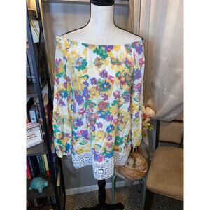 Hope & Harlow Womens Medium Floral Off Shoulder Top Lace Trim GUC White